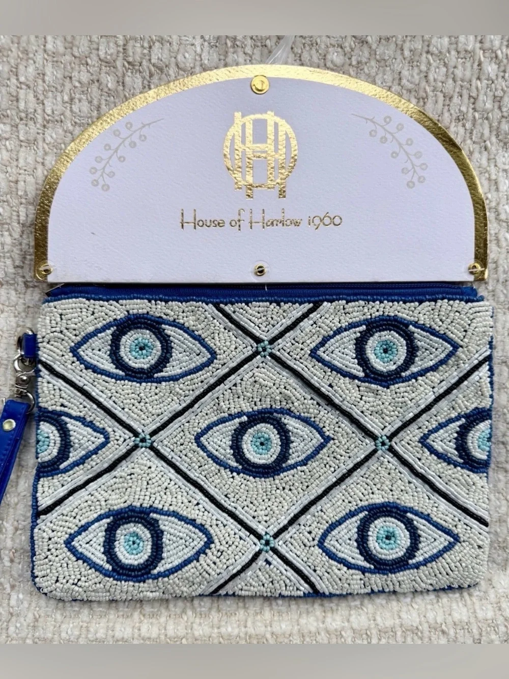 NWT House of Harlow 1960 Beaded Eye Motif Wristlet in Blue & White